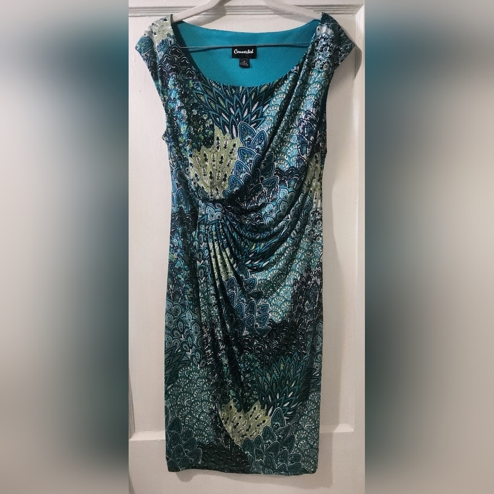 Connected Apparel Teal and Blue Midi Dress